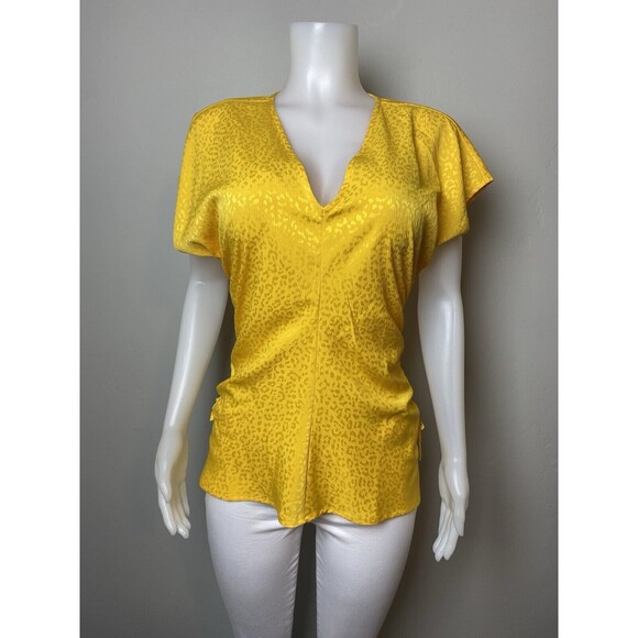F. Michael Kors Top XL Ruched Yellow Blouse Cap Sleeve V Neck NWT $98 - Picture 3 of 11